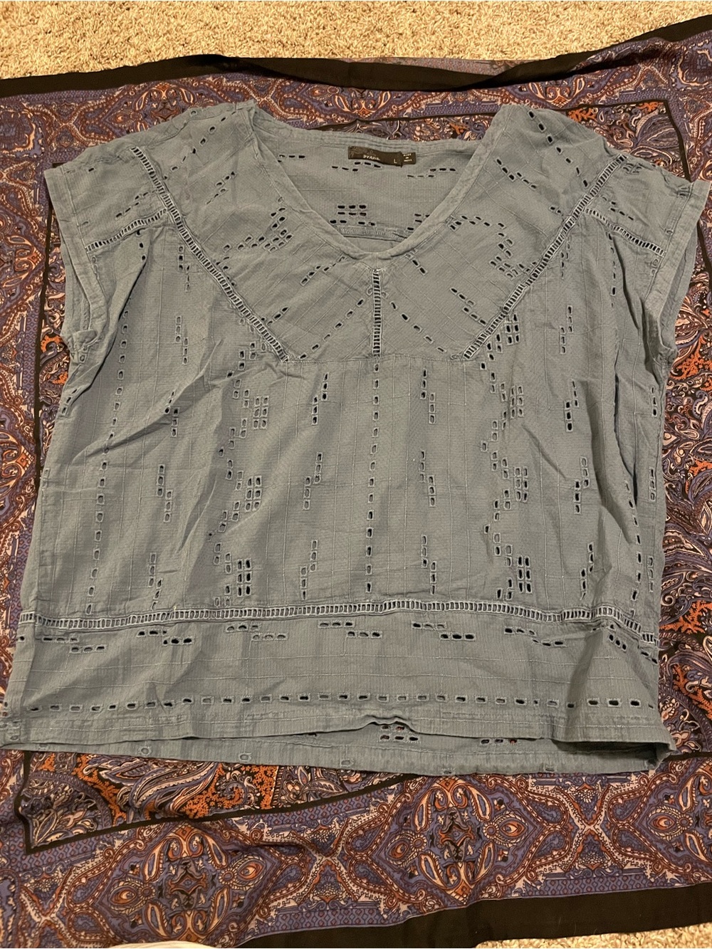 Prana Washed Blue Eyelet V-Neck Cotton Top